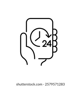 Hand holding phone with 24 clock symbol. 24 7 support, online presence or service. Pixel perfect vector icon