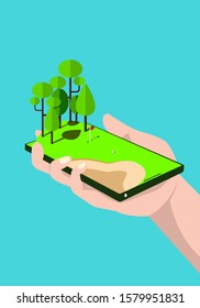 Hand holding a phone with 3D golf course illustration on the screen