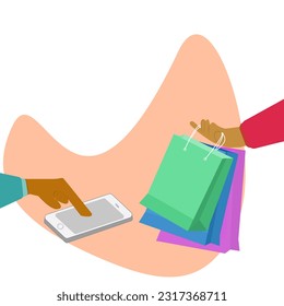 Hand holding  phone and another holding paper bag from shopping.