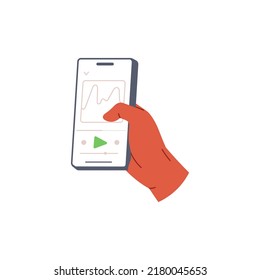 Hand holding phone with app for listen to music and podcasts . Using smartphone screen with application for music. Music app mobile. Flat vector illustration isolated on white background
