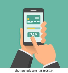 Hand holding phone with app for mobile paying, flat design illustration