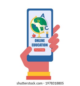 Hand holding phone with app for online education concept. Books and globe for back to school promo. Vector template for banner,  invitation,  landing page. Vecror.