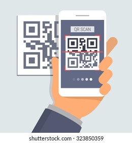 Hand holding phone with app for scanning QR code, flat design illustration