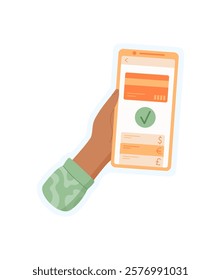 Hand holding phone with an app sticker. User of the mobile device conducts a payment transaction. Digital interaction, graphic style, ideal for business and technology applications.