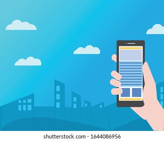 Hand holding phone application on city background vector design.
