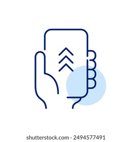 Hand holding phone with arrows up on screen. Data transfer. File upload. Pixel perfect vector icon