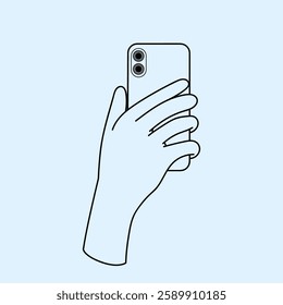 Hand Holding a Phone in back view. Thin line illustration.
