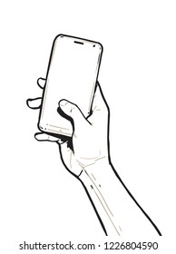 Hand holding phone. Black and white sketch. Hand drawn illustration