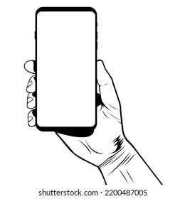 Hand holding phone black and white simple vector illustration. One hand. Body part. Human anatomy. Technology and communication.