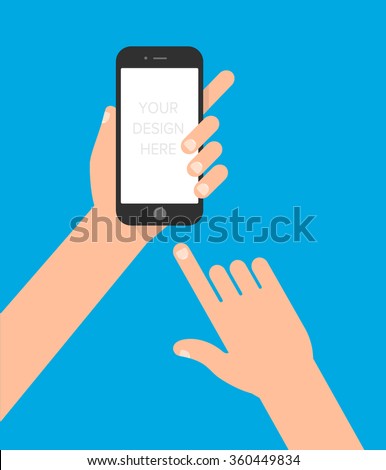 Hand holding a phone. The phone  with blank display for your text or design. Isolated vector illustration flat style.