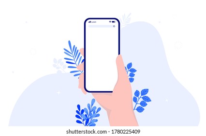 Hand holding phone with blank screen. Template to insert your own content. Smartphone use concept. Vector illustration.