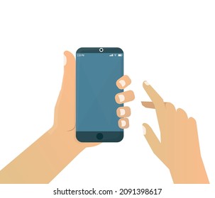 hand holding a phone with blank screen. Flat isolated illustration on white background.
