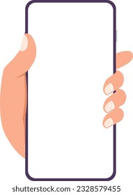 Hand holding a phone with blank screen. Mobile phone mockup, template web, banner.  Flat vector illustration