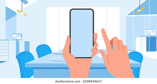 Hand holding phone blank screen smartphone placement with office meeting work background