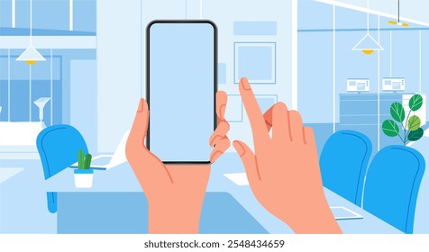 Hand holding phone blank screen smartphone placement with office work meeting desk background