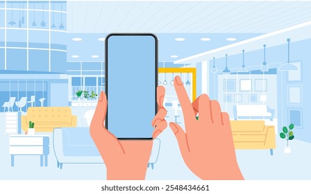 Hand holding phone blank screen smartphone placement with mall store shopping background