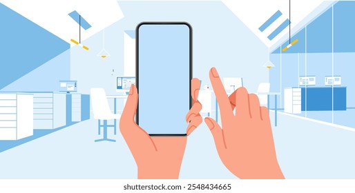 Hand holding phone blank screen smartphone placement with office work background