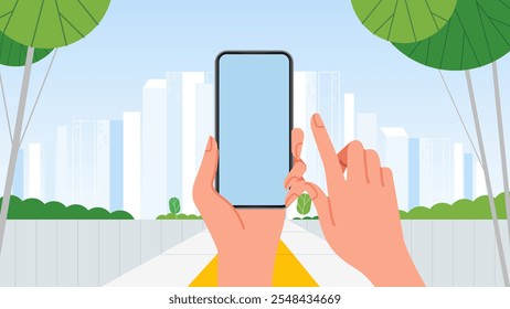 Hand holding phone blank screen smartphone placement with city town background