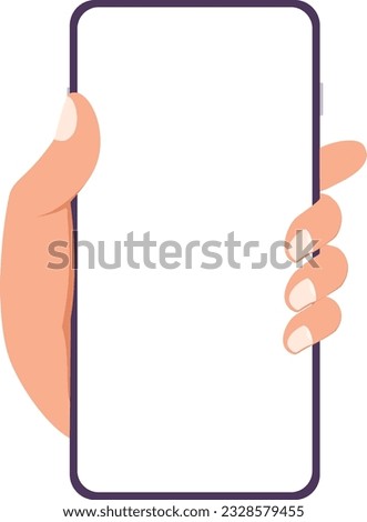 Hand holding a phone with blank screen. Mobile phone mockup, template web, banner.  Flat vector illustration