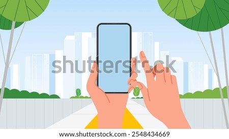 Hand holding phone blank screen smartphone placement with city town background