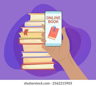 Hand holding phone with book on screen vector illustration. Cartoon drawing of hand with smartphone in front of pile of books on purple background. Technology, literature, education concept