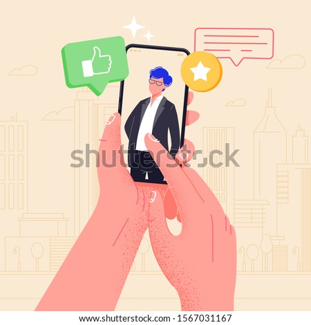 Hand holding phone with boyfriend on screen. Video call app. Finger touch screen flat vector illustration design for web site or banner. Make selfie with smartphone. Online dating chat or take photo.