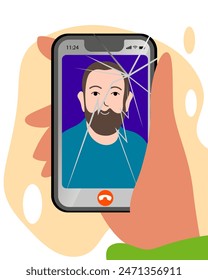 Hand Holding Phone Broken Screen. Video call with Broken Screen. Smartphone with broken screen. Vector illustration.