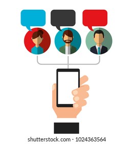 hand holding phone bubbles speak people social media