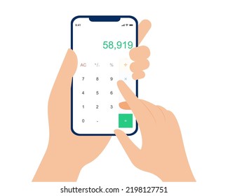 Hand holding phone with calculator app on screen calculator app for website banner. vector.