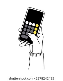 Hand holding phone with calculator app on screen.