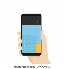 Hand holding phone with calculator app. vector