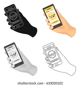 Hand holding a phone to call for order taksi.Programm car taxi online. Taxi station single icon in cartoon style vector symbol stock illustration.