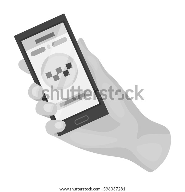 Hand holding a phone to call for order\
taxi. Programm car taxi online. Taxi station single icon in\
monochrome style vector symbol stock\
illustration.
