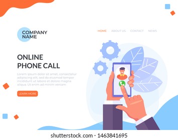Hand holding phone. Phone call web banner page concept. Vector flat cartoon graphic design isolated illustration