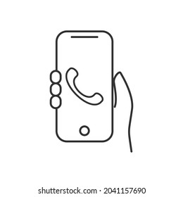 Hand Holding Phone Calling icon. Very suitable for your web design, mobile app design, poster design, etc. 
Vector illustration on a white background. Thin outline icon.