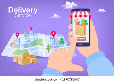Hand holding a phone, calling in service delivery. grocery store. online order tracking. City logistics. delivering box order with City map route navigation smartphone. Vector illustration.