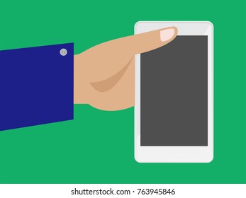 Hand holding phone, cell phone, touch blank screen. Feedback business concept. Cartoon flat vector illustration isolated on green background.Design for web site, mobile app