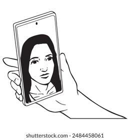 A hand holding a phone cell while video calling.