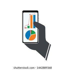 A hand is holding a phone with a chart. Scheme. Successful schedule. Vector.EPS 10