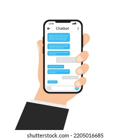 Hand holding the phone, chat bot on the phone, business strategy. Vector illustration