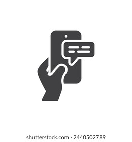 Hand halten ein Telefon mit einem Chat-Blasen-Vektor-Symbol. Gefülltes flaches Schild für mobiles Konzept und Web-Design. Symbol für mobiles Messaging. Symbol, Logo-Darstellung. Vektorgrafik