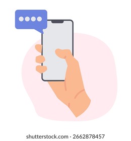 Mano que sostiene el teléfono con la Ilustración vectorial de la burbuja del chat