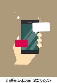 Hand holding phone. Chat messages notification on smartphone vector illustration, flat cartoon sms bubbles on mobile phone screen. Vector illustration -