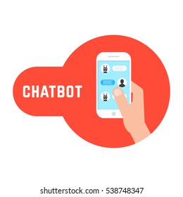 hand holding phone with chatbot. concept of send sms, irc script chatter box, posting email, user interface, information, assistant. flat style trend modern red logo graphic design on white background