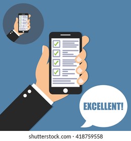 Hand holding phone with checklist