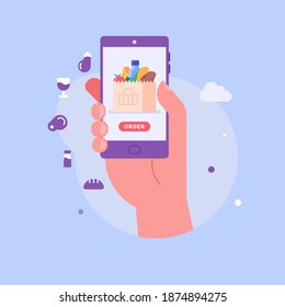 Hand Holding Phone Choosing And Buying Food Products In Mobile App. Online Grocery Store. Concept Of Online Grocery Shopping, Food Order, Online Supermarket. Vector Illustration For Web Design