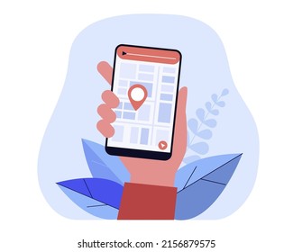 Hand holding phone with city map and location pin on screen. Destination marker on cellphone screen flat vector illustration. Navigation, transportation, technology concept for banner, website design