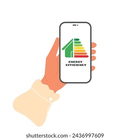 Hand holding phone with classification of house energy efficiency. Rating energy diagram on device screen