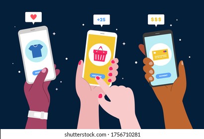 Hand holding phone, close-up. With Shopping basket, T-shirt, Card icon. Online shopping. Smartphone gestures set. Hands taking a selfie or making a picture, hands unlocking in the phone. Vector illust