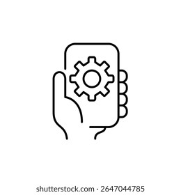 Hand holding phone with cogwheel. Mobile settings, device configuration, app management, system preferences, smartphone control. Pixel perfect, editable stroke vector icon